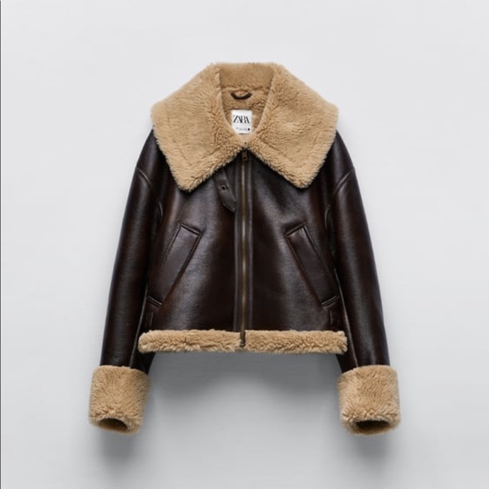 Zara Brown faux fur aviator jacket. NWT